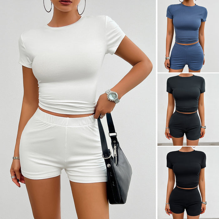 Solid Color Slim Sports Suit – Summer 2-Piece Set with Short-Sleeved T-Shirt and Elastic Shorts